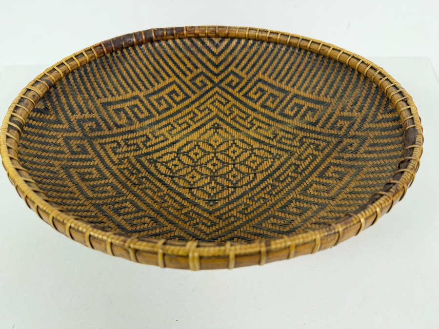 Vintage Chinese Split Bamboo Presentation Wedding Platter Basket On Hand Painted Green Lacquered Wooden Ring Pedestal Foot 14'W X 4.5'H [Photo 7]