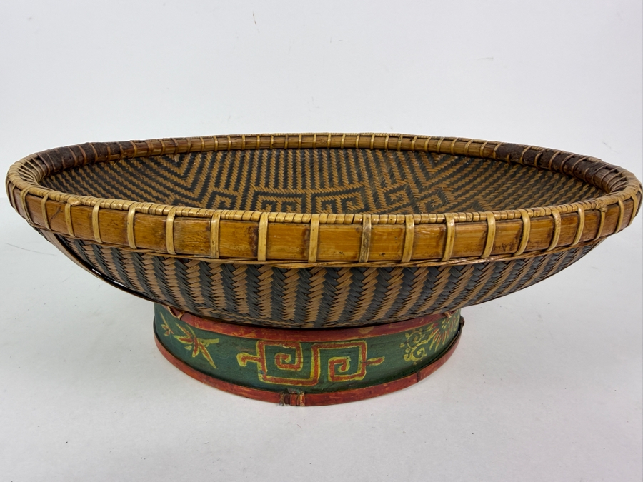 Vintage Chinese Split Bamboo Presentation Wedding Platter Basket On Hand Painted Green Lacquered Wooden Ring Pedestal Foot 14'W X 4.5'H [Photo 3]