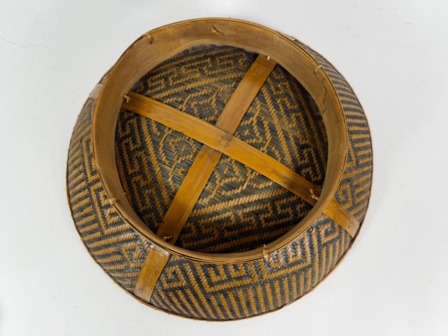 Vintage Chinese Split Bamboo Presentation Wedding Platter Basket On Hand Painted Green Lacquered Wooden Ring Pedestal Foot 14'W X 4.5'H [Photo 9]