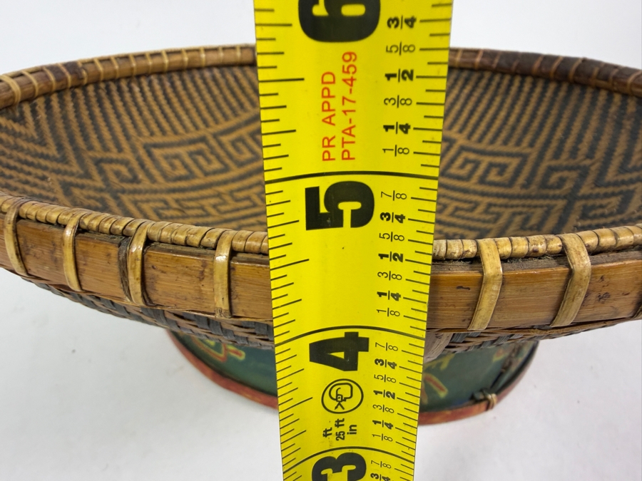 Vintage Chinese Split Bamboo Presentation Wedding Platter Basket On Hand Painted Green Lacquered Wooden Ring Pedestal Foot 14'W X 4.5'H [Photo 11]