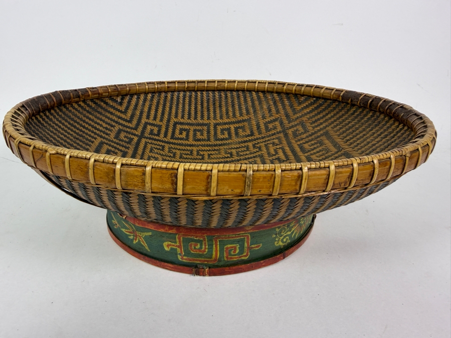 Vintage Chinese Split Bamboo Presentation Wedding Platter Basket On Hand Painted Green Lacquered Wooden Ring Pedestal Foot 14'W X 4.5'H [Photo 2]