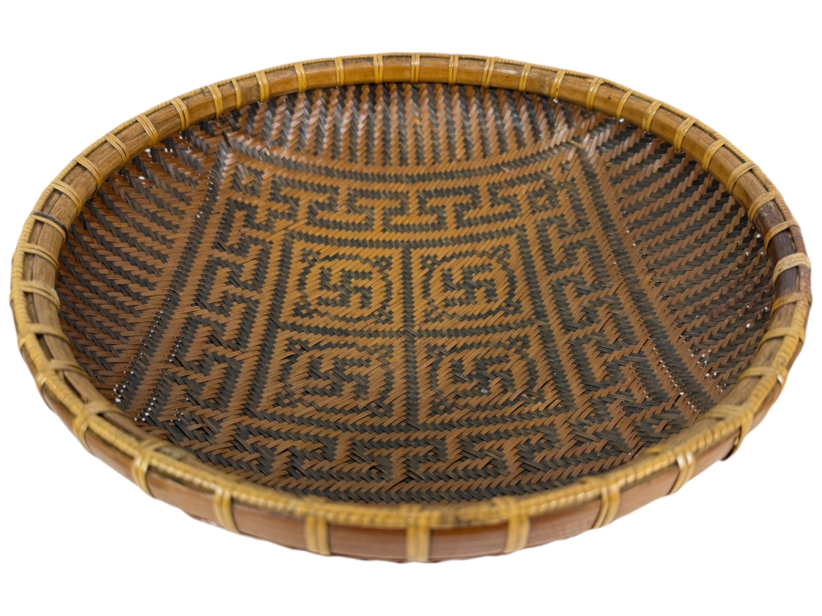 Vintage Chinese Two Tone Split Bamboo Winnowing Wedding Platter Basket With Woven Wan Character And Greek Key Fret Motifs 12.5'W X 4.5'H