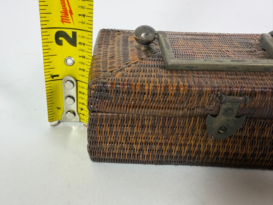 Antique Chinese Miniature Woven Wicker Rattan Valuables Casket Box With Patinated Brass Handle And Clasp 4.5'W X 2.75'D X 1.75'H [Photo 13]