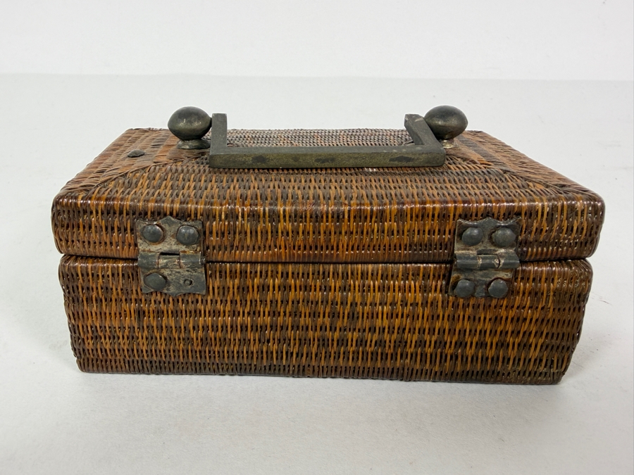 Antique Chinese Miniature Woven Wicker Rattan Valuables Casket Box With Patinated Brass Handle And Clasp 4.5'W X 2.75'D X 1.75'H [Photo 6]