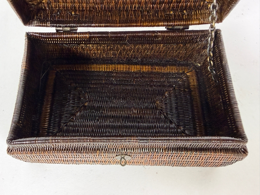 Antique Chinese Miniature Woven Wicker Rattan Valuables Casket Box With Patinated Brass Handle And Clasp 4.5'W X 2.75'D X 1.75'H [Photo 8]