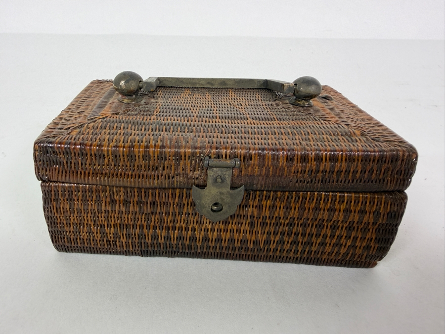 Antique Chinese Miniature Woven Wicker Rattan Valuables Casket Box With Patinated Brass Handle And Clasp 4.5'W X 2.75'D X 1.75'H [Photo 3]