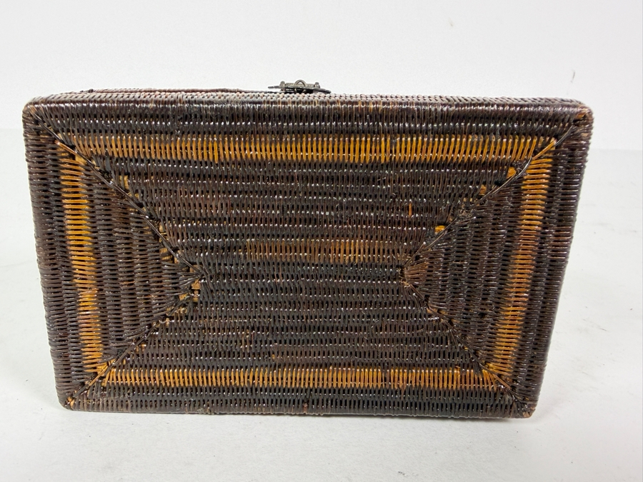 Antique Chinese Miniature Woven Wicker Rattan Valuables Casket Box With Patinated Brass Handle And Clasp 4.5'W X 2.75'D X 1.75'H [Photo 10]