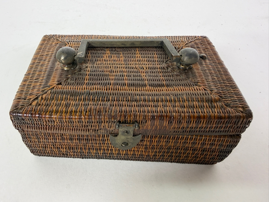Antique Chinese Miniature Woven Wicker Rattan Valuables Casket Box With Patinated Brass Handle And Clasp 4.5'W X 2.75'D X 1.75'H [Photo 2]