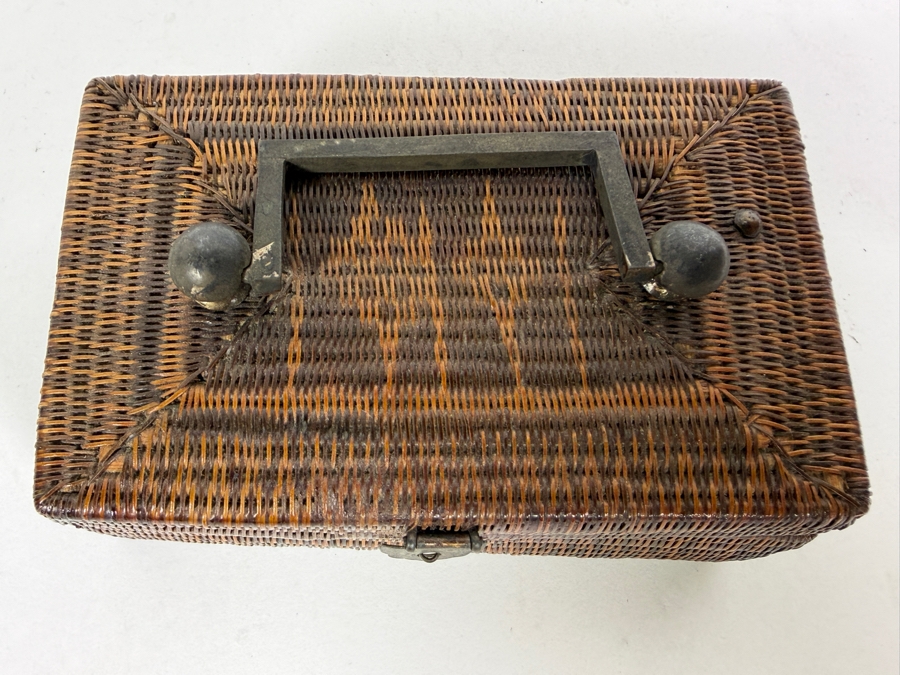 Antique Chinese Miniature Woven Wicker Rattan Valuables Casket Box With Patinated Brass Handle And Clasp 4.5'W X 2.75'D X 1.75'H [Photo 4]