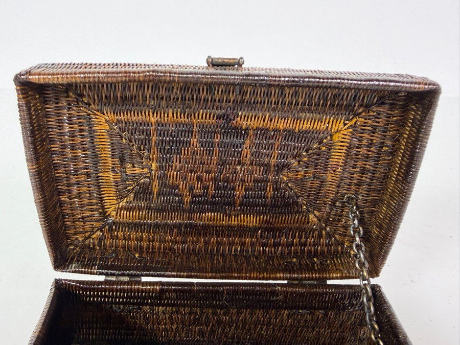 Antique Chinese Miniature Woven Wicker Rattan Valuables Casket Box With Patinated Brass Handle And Clasp 4.5'W X 2.75'D X 1.75'H [Photo 9]