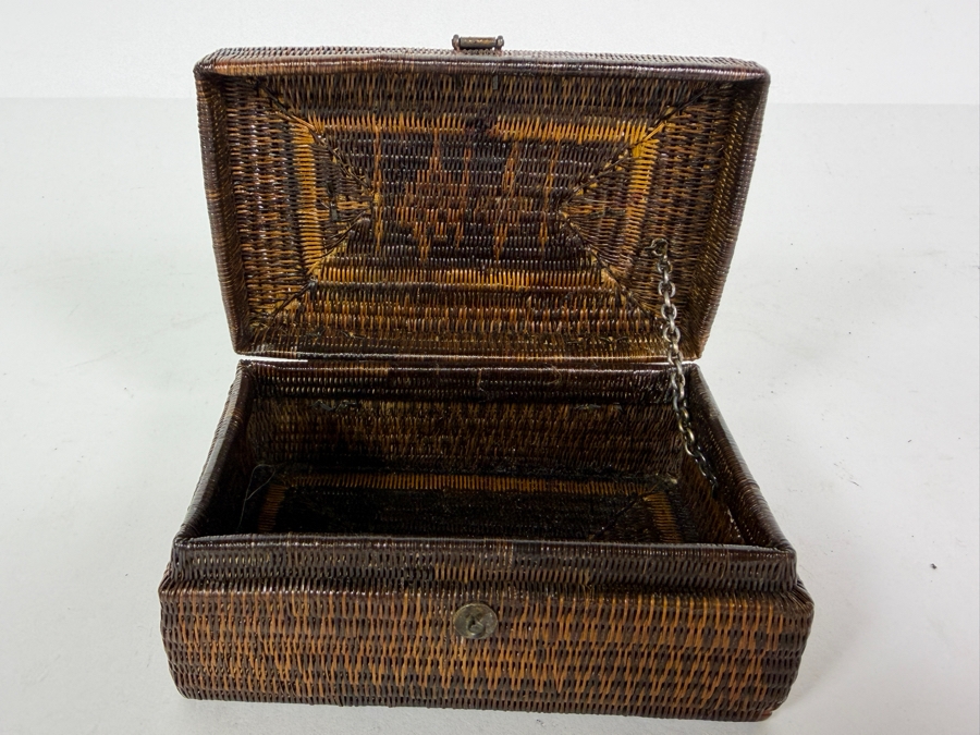 Antique Chinese Miniature Woven Wicker Rattan Valuables Casket Box With Patinated Brass Handle And Clasp 4.5'W X 2.75'D X 1.75'H [Photo 7]
