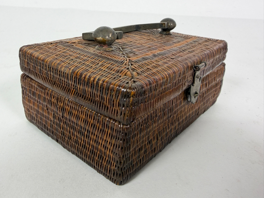 Antique Chinese Miniature Woven Wicker Rattan Valuables Casket Box With Patinated Brass Handle And Clasp 4.5'W X 2.75'D X 1.75'H [Photo 5]