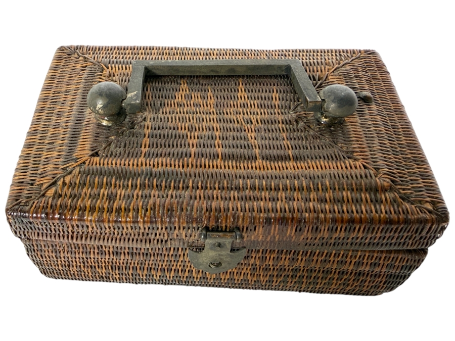 Antique Chinese Miniature Woven Wicker Rattan Valuables Casket Box With Patinated Brass Handle And Clasp 4.5'W X 2.75'D X 1.75'H