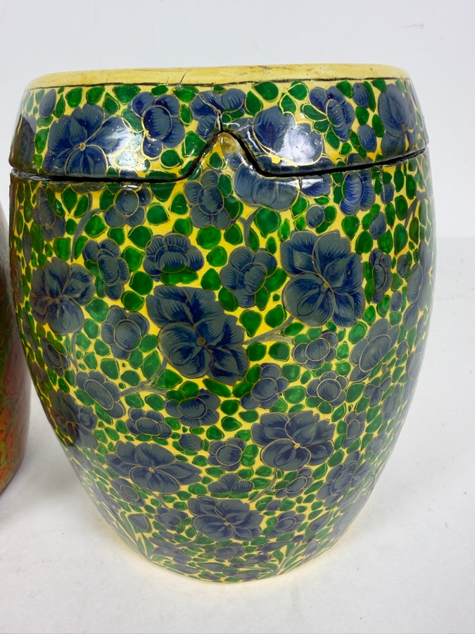 Pair Of Large Vintage Kashmiri Hand Painted Papier Mache Lidded Cannisters With Intricate Floral Lacquer Work 6'H [Photo 4]