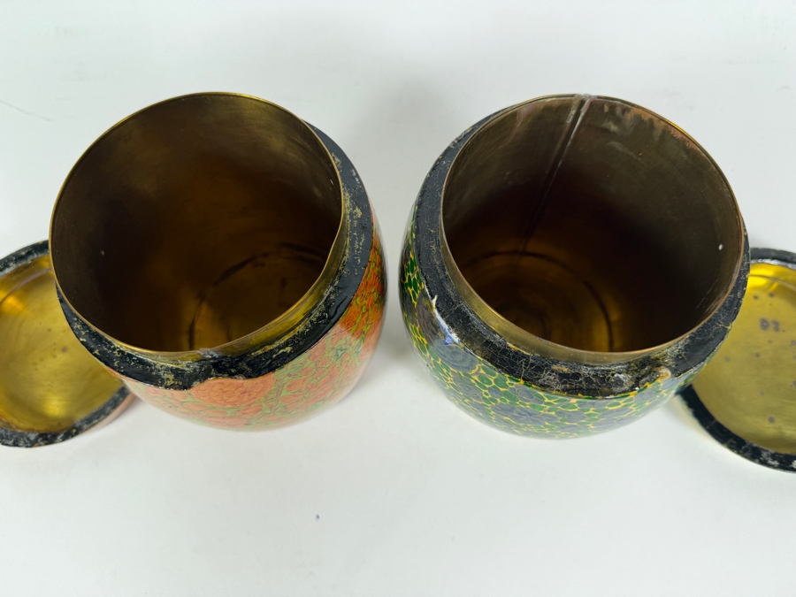 Pair Of Large Vintage Kashmiri Hand Painted Papier Mache Lidded Cannisters With Intricate Floral Lacquer Work 6'H [Photo 12]