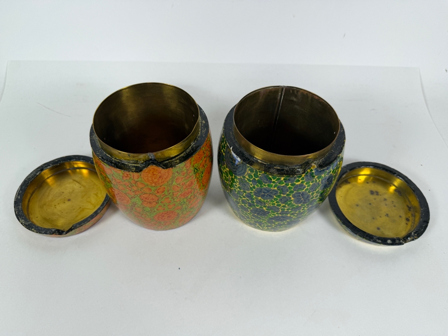 Pair Of Large Vintage Kashmiri Hand Painted Papier Mache Lidded Cannisters With Intricate Floral Lacquer Work 6'H [Photo 11]