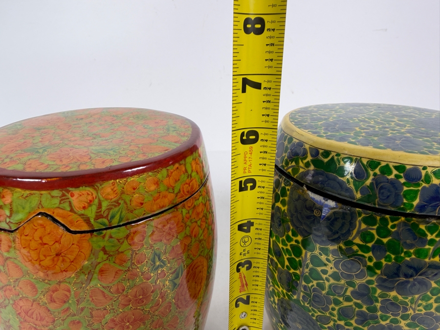Pair Of Large Vintage Kashmiri Hand Painted Papier Mache Lidded Cannisters With Intricate Floral Lacquer Work 6'H [Photo 13]