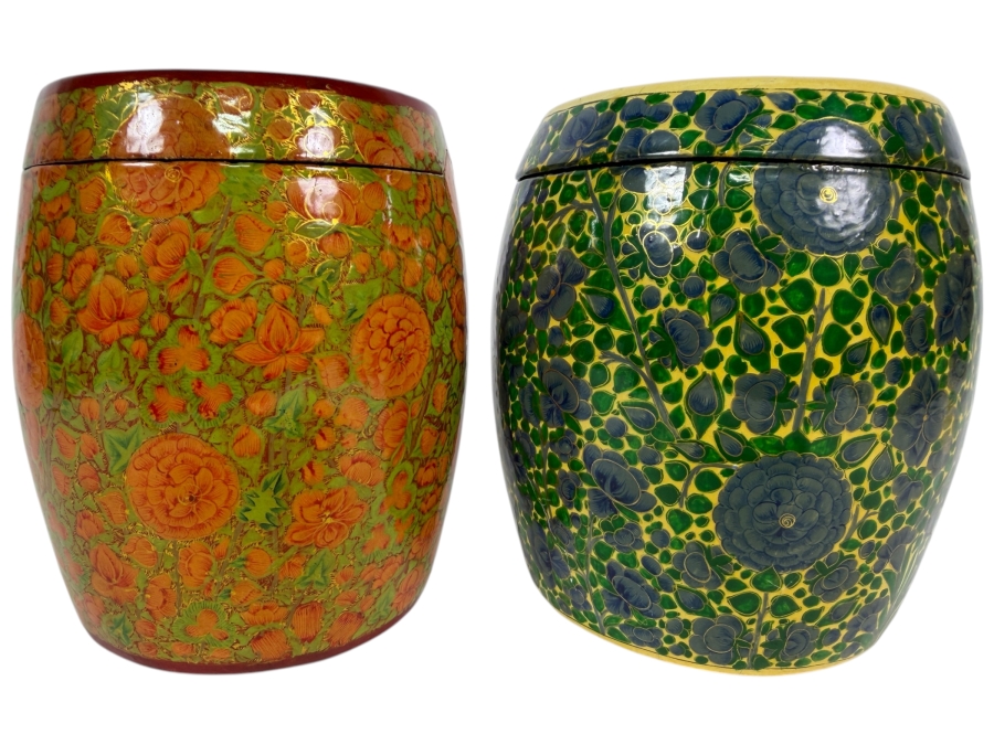 Pair Of Large Vintage Kashmiri Hand Painted Papier Mache Lidded Cannisters With Intricate Floral Lacquer Work 6'H