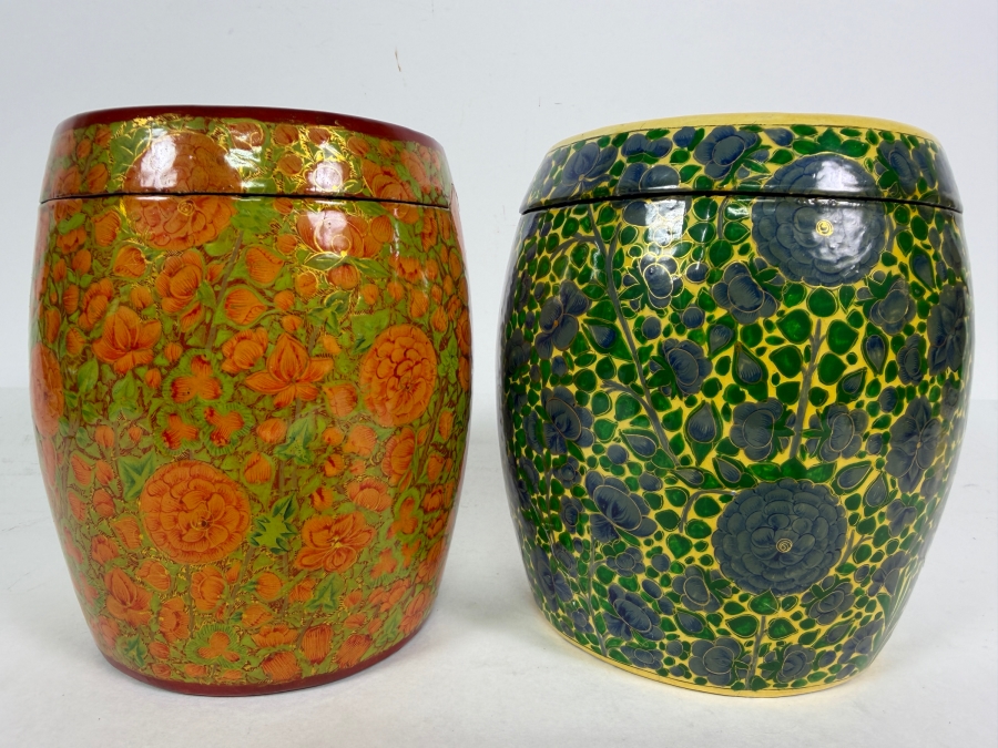 Pair Of Large Vintage Kashmiri Hand Painted Papier Mache Lidded Cannisters With Intricate Floral Lacquer Work 6'H [Photo 2]