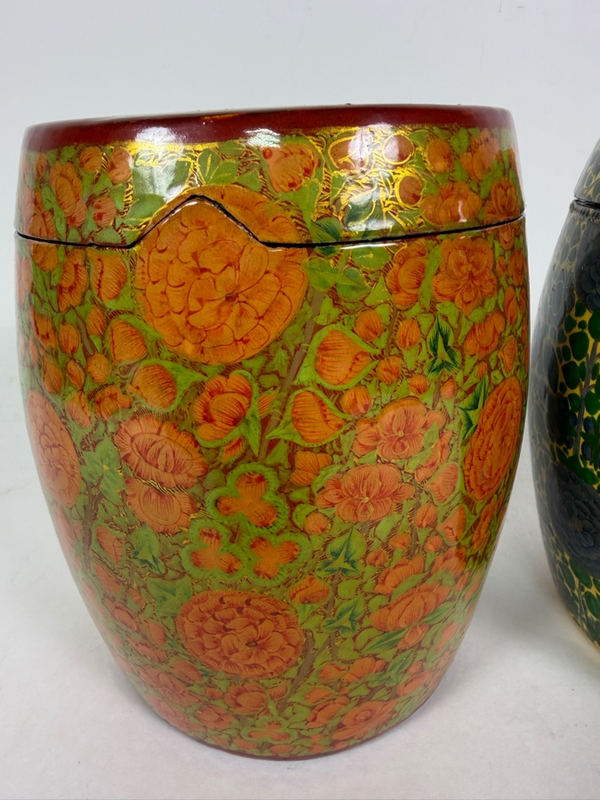Pair Of Large Vintage Kashmiri Hand Painted Papier Mache Lidded Cannisters With Intricate Floral Lacquer Work 6'H [Photo 5]
