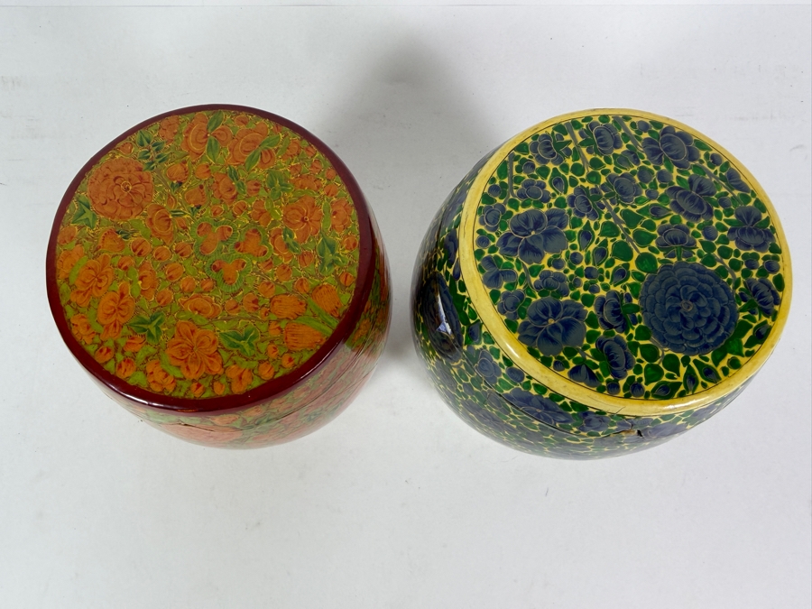 Pair Of Large Vintage Kashmiri Hand Painted Papier Mache Lidded Cannisters With Intricate Floral Lacquer Work 6'H [Photo 7]