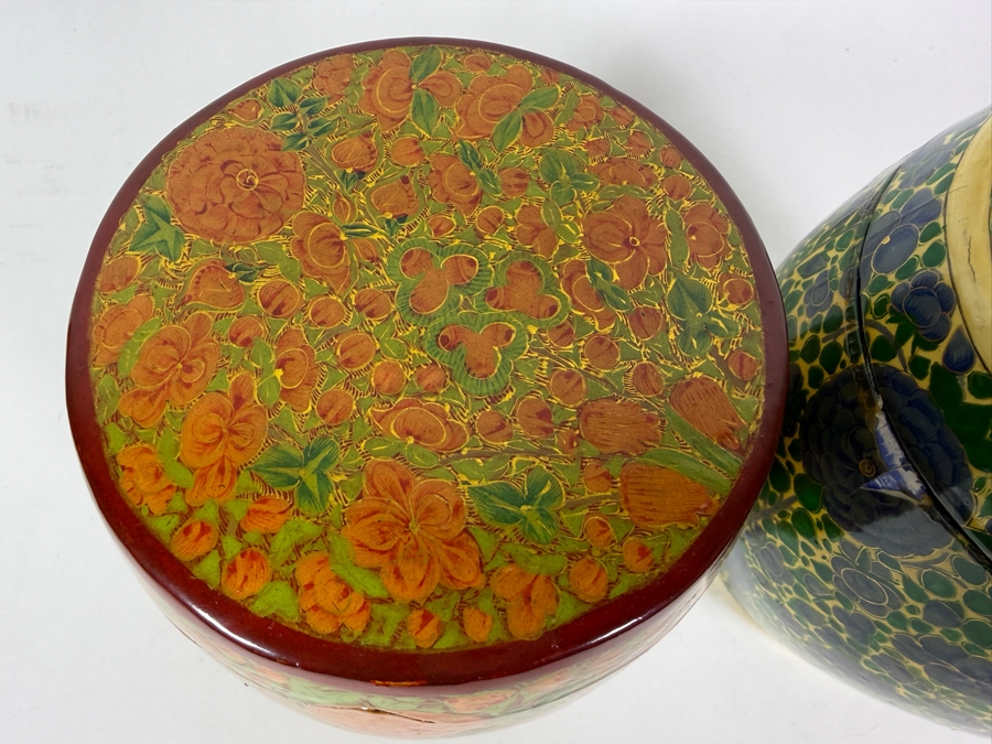 Pair Of Large Vintage Kashmiri Hand Painted Papier Mache Lidded Cannisters With Intricate Floral Lacquer Work 6'H [Photo 9]