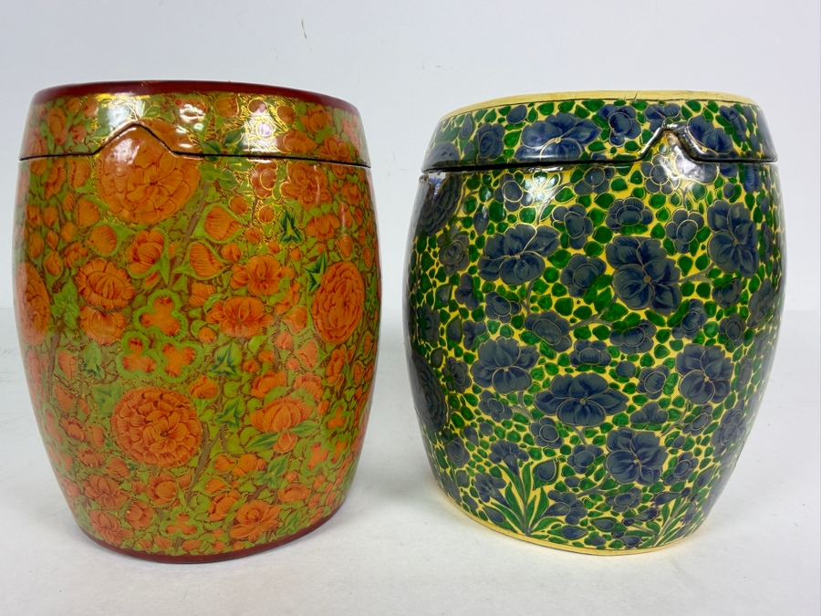 Pair Of Large Vintage Kashmiri Hand Painted Papier Mache Lidded Cannisters With Intricate Floral Lacquer Work 6'H [Photo 3]