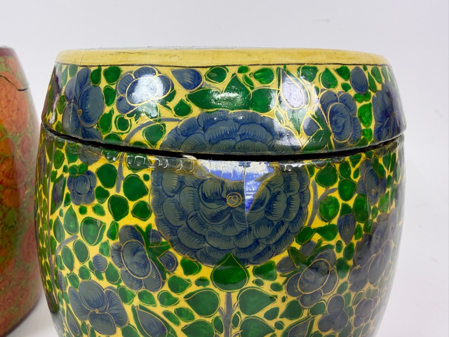 Pair Of Large Vintage Kashmiri Hand Painted Papier Mache Lidded Cannisters With Intricate Floral Lacquer Work 6'H [Photo 10]