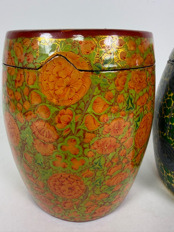 Pair Of Large Vintage Kashmiri Hand Painted Papier Mache Lidded Cannisters With Intricate Floral Lacquer Work 6'H [Photo 6]