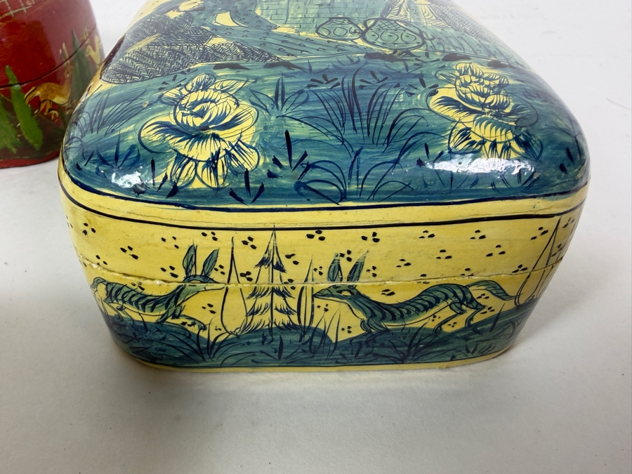 Vintage Hand Painted Persian Qajar Style Papier Mache Trinket Boxes Set Of Three With Mughal Court And Figural Scenes [Photo 6]