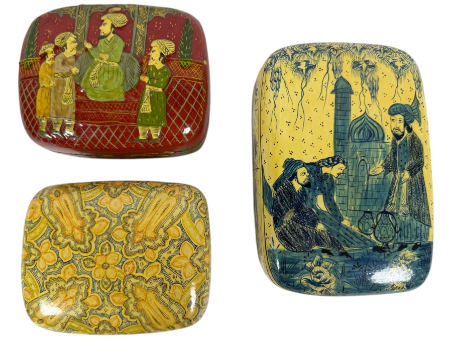 Vintage Hand Painted Persian Qajar Style Papier Mache Trinket Boxes Set Of Three With Mughal Court And Figural Scenes