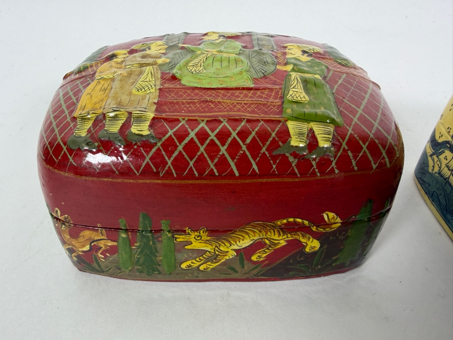 Vintage Hand Painted Persian Qajar Style Papier Mache Trinket Boxes Set Of Three With Mughal Court And Figural Scenes [Photo 5]