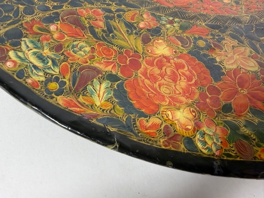 Vintage Hand Painted Kashmiri Papier Mache Decorative Charger Plate With Intricate Gul I Velayat Floral Motif 12'W X 2'H [Photo 9]