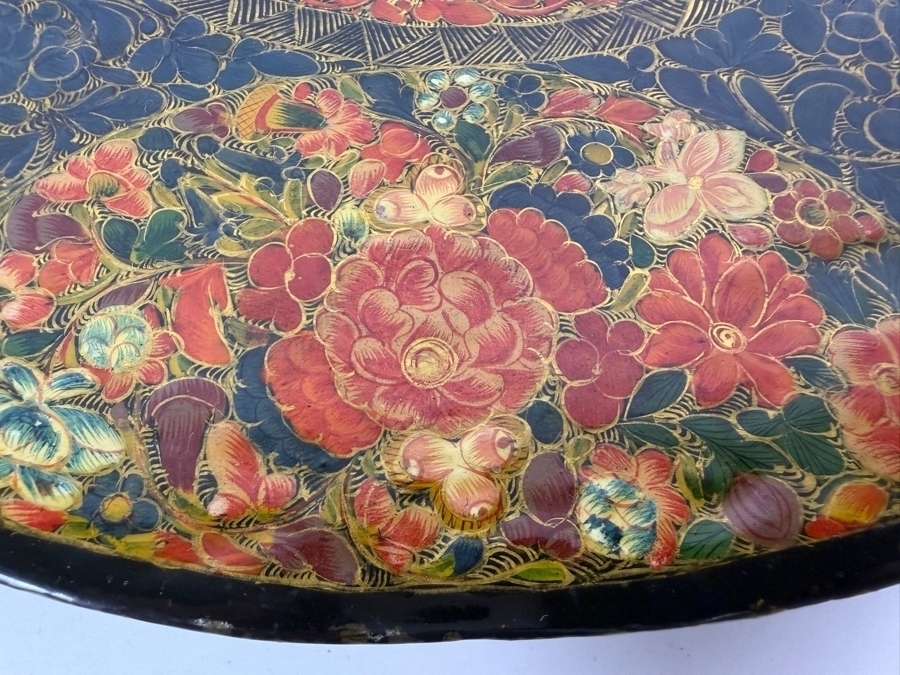 Vintage Hand Painted Kashmiri Papier Mache Decorative Charger Plate With Intricate Gul I Velayat Floral Motif 12'W X 2'H [Photo 5]
