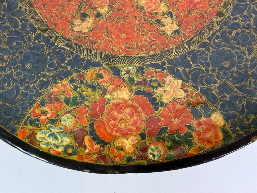 Vintage Hand Painted Kashmiri Papier Mache Decorative Charger Plate With Intricate Gul I Velayat Floral Motif 12'W X 2'H [Photo 4]