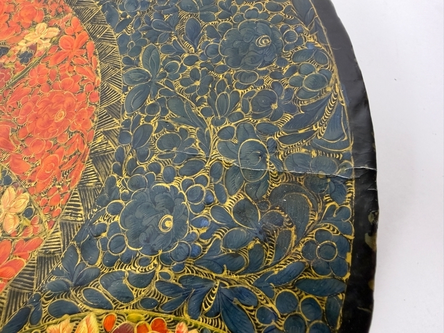 Vintage Hand Painted Kashmiri Papier Mache Decorative Charger Plate With Intricate Gul I Velayat Floral Motif 12'W X 2'H [Photo 10]