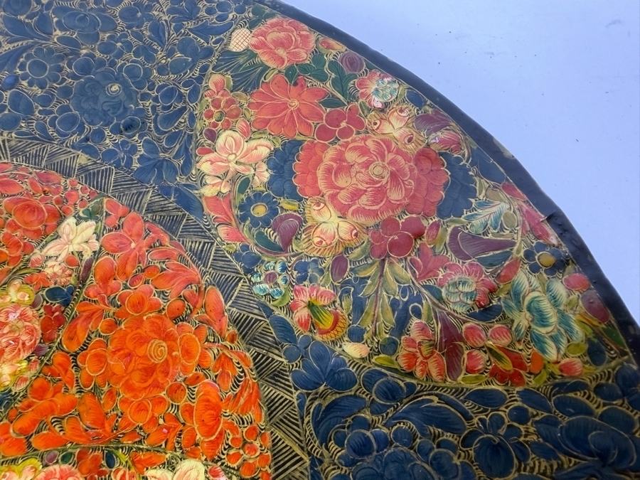 Vintage Hand Painted Kashmiri Papier Mache Decorative Charger Plate With Intricate Gul I Velayat Floral Motif 12'W X 2'H [Photo 8]