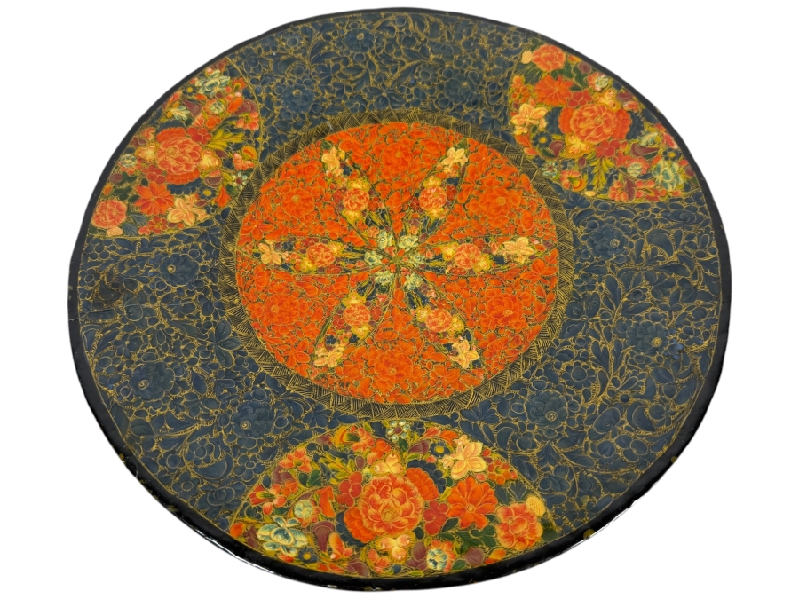 Vintage Hand Painted Kashmiri Papier Mache Decorative Charger Plate With Intricate Gul I Velayat Floral Motif 12'W X 2'H
