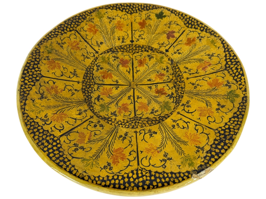 Vintage Mid Century Kashmiri Hand Painted Papier Mache Decorative Wall Plate Platter Featuring Traditional Chinar Leaves Pattern 12'W X 2'H
