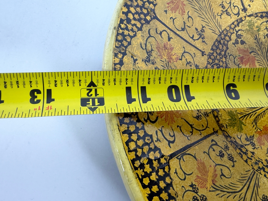 Vintage Mid Century Kashmiri Hand Painted Papier Mache Decorative Wall Plate Platter Featuring Traditional Chinar Leaves Pattern 12'W X 2'H [Photo 7]
