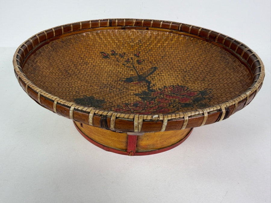 Vintage Chinese Hand Woven Bamboo Winnowing Basket Platter Hand Painted Bird And Peony Flowers 13.5'W X 5'H [Photo 2]