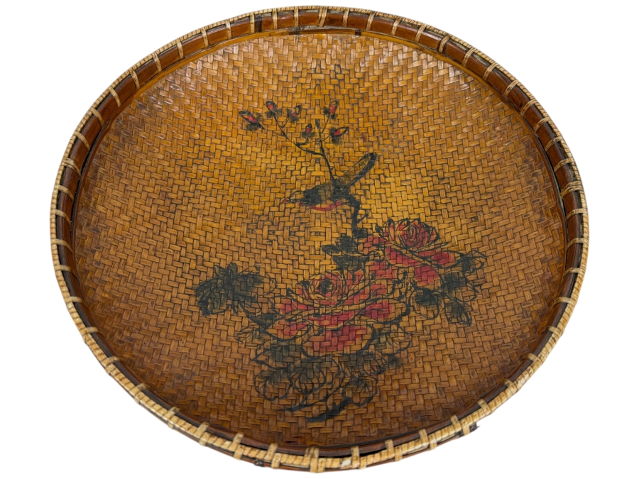 Vintage Chinese Hand Woven Bamboo Winnowing Basket Platter Hand Painted Bird And Peony Flowers 13.5'W X 5'H