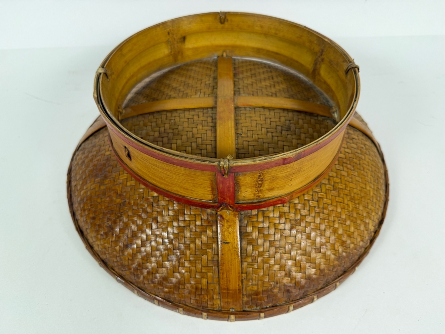 Vintage Chinese Hand Woven Bamboo Winnowing Basket Platter Hand Painted Bird And Peony Flowers 13.5'W X 5'H [Photo 7]