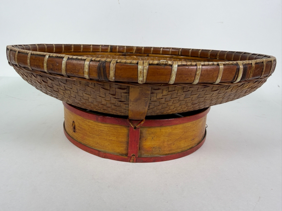 Vintage Chinese Hand Woven Bamboo Winnowing Basket Platter Hand Painted Bird And Peony Flowers 13.5'W X 5'H [Photo 6]