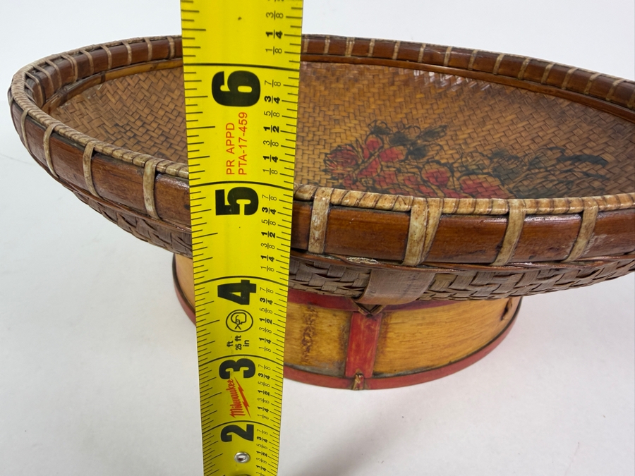 Vintage Chinese Hand Woven Bamboo Winnowing Basket Platter Hand Painted Bird And Peony Flowers 13.5'W X 5'H [Photo 9]