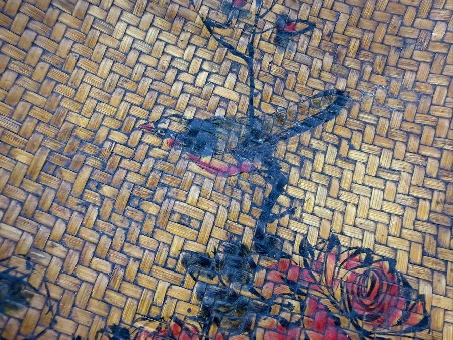 Vintage Chinese Hand Woven Bamboo Winnowing Basket Platter Hand Painted Bird And Peony Flowers 13.5'W X 5'H [Photo 5]