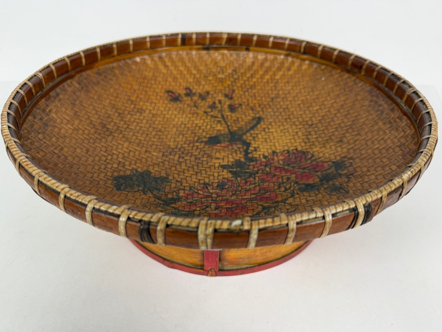 Vintage Chinese Hand Woven Bamboo Winnowing Basket Platter Hand Painted Bird And Peony Flowers 13.5'W X 5'H [Photo 3]