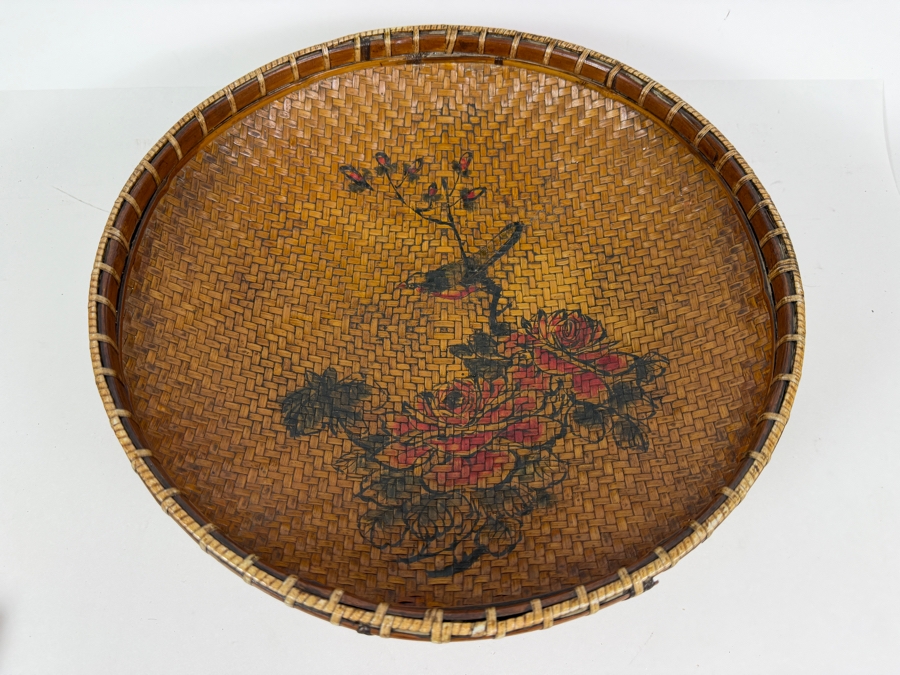 Vintage Chinese Hand Woven Bamboo Winnowing Basket Platter Hand Painted Bird And Peony Flowers 13.5'W X 5'H [Photo 4]
