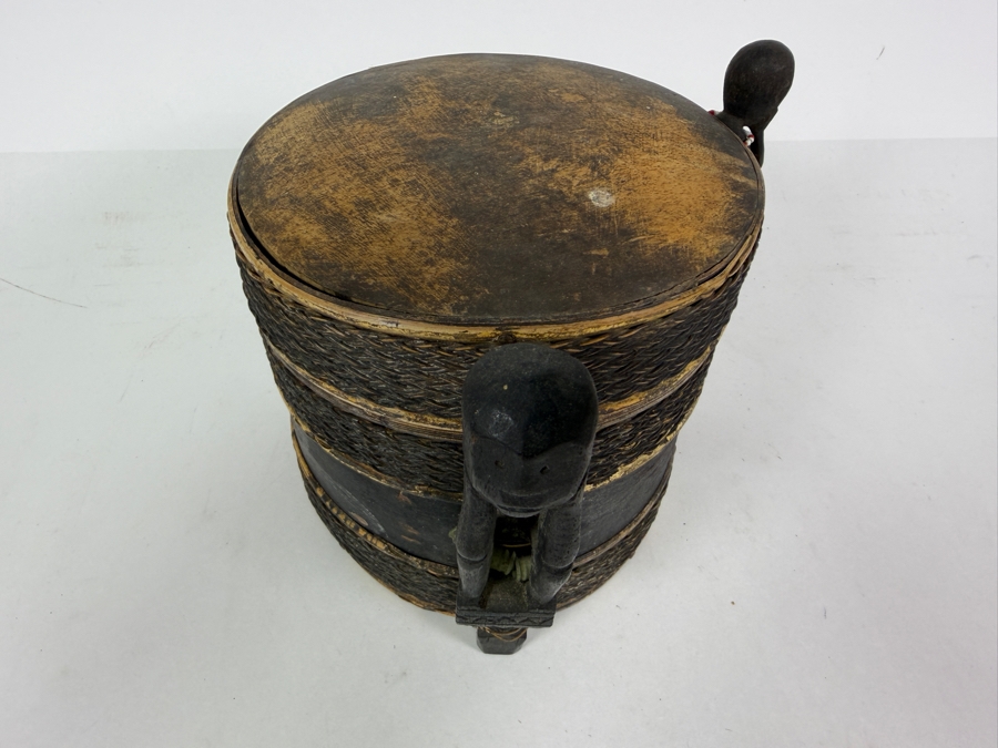 Antique Dayak Iban Shaman Medicine Box Lupong Carved Wooden Guardian Figures Wrapped Rattan 8'W X 6.5'H [Photo 4]