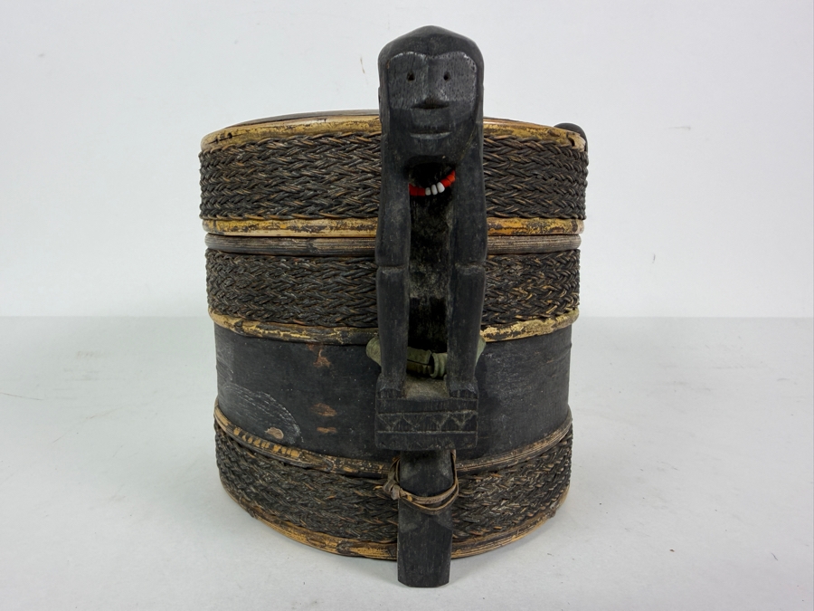 Antique Dayak Iban Shaman Medicine Box Lupong Carved Wooden Guardian Figures Wrapped Rattan 8'W X 6.5'H [Photo 3]